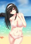  1girl absurdres arm_behind_back bangs bare_arms bare_shoulders beach bikini black_hair blurry blurry_background breasts brown_eyes chestnut_mouth cleavage collarbone contrapposto cowboy_shot day dylannn eyebrows_visible_through_hair hairband hand_up head_tilt highres kasumigaoka_utaha large_breasts legs_together long_hair looking_at_viewer midriff navel o-ring_bikini o-ring_bottom o-ring_top ocean open_mouth outdoors saenai_heroine_no_sodatekata sand shiny shiny_skin solo standing starfish stomach swimsuit water white_bikini white_hairband 