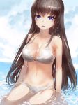  1girl bare_shoulders bikini blue_eyes breasts brown_hair cleavage kfr large_breasts long_hair navel o-ring_top ocean original parted_lips partially_submerged payot revision shiny shiny_skin sitting smile solo strap_gap swimsuit water wet white_bikini white_swimsuit 