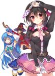  3girls ;p black_hair blue_eyes blue_hair breasts eyepatch hair_ornament hand_on_hip hat holding long_hair looking_at_viewer mishima_kurone multiple_girls official_art one_eye_closed original red_eyes short_hair staff tagme thigh-highs tongue tongue_out wand witch_hat zettai_ryouiki 