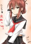  1girl black_skirt brown_eyes brown_hair dated folded_ponytail hair_ornament hairclip hand_on_own_head inazuma_(kantai_collection) kantai_collection long_sleeves looking_at_viewer neckerchief pleated_skirt sailor_collar school_uniform serafuku skirt solo sun_hoshi translation_request 