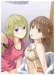  2girls blanket blonde_hair blue_eyes breasts brown_eyes brown_hair camisole cleavage collarbone colored_eyelashes hair_ornament hand_on_own_chest indoors light_smile long_hair looking_at_viewer multiple_girls open_mouth original self_shot short_hair t-shirt yoropa 