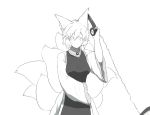  1girl animal_ears fox_ears fox_tail holding kinketsu long_sleeves monochrome multiple_tails no_hat no_mouth phone short_hair simple_background sleeves_past_wrists solid_circle_eyes solo tabard tail touhou white_background yakumo_ran 