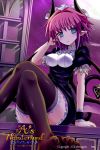  a&#039;s_wonderland arm_support black_legwear blue_eyes blush breasts copyright_name crossed_legs demon_girl ear_piercing givuchoko highres horns looking_at_viewer maid night night_sky piercing pink_hair pointy_ears purple_skirt sitting skirt sky tail thigh-highs windowsill wings wrist_cuffs zettai_ryouiki 