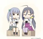  2girls chibi hibiki_(pixiv231666) kantai_collection kasumi_(kantai_collection) kiyoshimo_(kantai_collection) multiple_girls rice_bowl sitting 