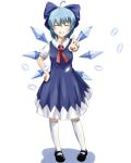  1girl ahoge blue_dress blue_hair bow cirno closed_eyes dress grin hair_bow hand_on_hip highres ice ice_wings kotou_(ko-tou) pose puffy_short_sleeves puffy_sleeves shirt short_sleeves smile solo touhou v wings 