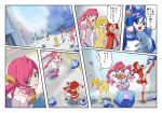  5girls bike_shorts blue_eyes blue_hair bow comic hair_bow long_hair looking_at_viewer looking_up makacoon multiple_girls original pink_hair pointing red_eyes redhead salute translated twintails 