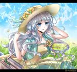  1girl basket blue_eyes dress flower friedric88 hat long_hair original silver_hair sky solo sunflower 