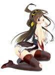  1girl absurdres ahoge arm_support bare_shoulders blue_eyes blush boots breasts brown_hair brown_legwear detached_sleeves double_bun head_tilt headgear highres kantai_collection kongou_(kantai_collection) large_breasts long_hair looking_at_viewer looking_to_the_side nontraditional_miko open_mouth shadow sideboob simple_background sitting solo tachibana_rin thigh-highs thigh_boots torn_clothes torn_thighhighs very_long_hair white_background yokozuwari 