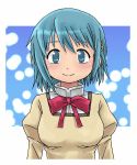  1girl :d animated animated_gif blue_eyes blue_hair bouncing_breasts breasts domoge emofuri hair_ornament hairclip huge_filesize mahou_shoujo_madoka_magica miki_sayaka open_mouth school_uniform short_hair smile solo ugoira 