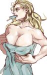  1girl aki_shigeru blonde_hair breasts cleavage collarbone dorohedoro highres looking_away mouth_hold muscle noi_(dorohedoro) platinum_blonde popsicle solo towel 