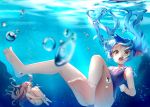  &gt;_&lt; 2girls air_bubble alexmaster anklet barefoot bikini blue_hair blurry bow bracelet breath brown_hair bubble d: depth_of_field feet floating_hair hair_bow highres holding_breath jewelry leg_hug legs light_rays long_hair looking_at_viewer multiple_girls necklace open_mouth original red_bikini reflection school_swimsuit side-tie_bikini soles sunbeam sunlight swimming swimsuit toes twintails two_side_up underwater yellow_eyes 