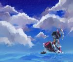  akiyoku blue_sky brown_hair clouds detached_sleeves expressionless gohei hakurei_reimu hands_on_knees knees_together reflection scenery sitting sitting_on_water sky touhou water 