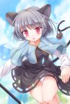  1girl animal_ears basket blush capelet dowsing_rod grey_hair highres jewelry looking_at_viewer lzh mouse mouse_ears mouse_tail nazrin panties pantyshot pendant red_eyes short_hair skirt solo tail touhou underwear white_panties 