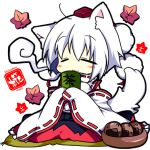  1girl :3 ahoge animal_ears autumn_leaves bare_shoulders character_name chibi closed_eyes detached_sleeves hat hikanyan inubashiri_momiji leaf lowres pom_pom_(clothes) short_hair silver_hair simple_background sitting smile solo tail tokin_hat touhou white_background wolf_ears wolf_tail 
