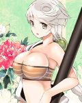  1girl braid breasts crop_top eko flower from_side hair_bobbles hair_ornament impossible_clothes japanese_clothes kantai_collection large_breasts long_hair looking_at_viewer midriff off_shoulder open_mouth shouhou_(kantai_collection)_(cosplay) silver_hair single_braid solo unryuu_(kantai_collection) wavy_hair yellow_eyes 