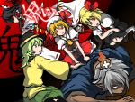  1boy 4girls black_hair blonde_hair bow buront crossover crystal detached_sleeves dress final_fantasy final_fantasy_xi flandre_scarlet green_hair hair_bow hair_ribbon hair_tubes hakurei_reimu komeiji_koishi maruman multiple_girls open_mouth puffy_short_sleeves puffy_sleeves red_eyes ribbon rumia short_hair short_sleeves silver_hair the_iron_of_yin_and_yang touhou vampire vest wings 