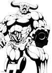  arm_cannon cyberdemon cyborg demon doom_(game) highres monochrome muscle number10_(hagakure) open_mouth prosthesis prosthetic_leg prosthetic_weapon rocket_launcher weapon 