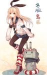  adapted_costume black_legwear blonde_hair green_eyes hairband innertube kantai_collection kasu_(return) leg_warmers long_hair long_sleeves pantyhose rensouhou-chan ribbon shimakaze_(kantai_collection) striped striped_legwear sweater 