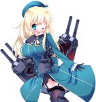  1girl ;d alternate_legwear atago_(kantai_collection) beret black_gloves breasts garter_straps gloves hand_on_own_chest hat kantai_collection long_hair looking_at_viewer machinery one_eye_closed open_mouth simple_background smile solo tagme turret uniform walking white_background zefa_(neoaltemice) 