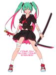  1girl bandaged_arm full_body green_eyes green_hair hair_ornament hatsune_miku highres holding jandy katana long_hair looking_at_viewer multicolored_hair parted_lips pleated_skirt school_uniform serafuku shoes simple_background skirt smile solo standing sword tagme twintails two-tone_hair vocaloid weapon white_background white_legwear 