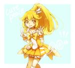  1girl bike_shorts blonde_hair blush bow brooch character_name chiyoko_(molto) choker cure_peace double_v flipped_hair high_ponytail jewelry kise_yayoi long_hair magical_girl open_mouth precure shorts_under_skirt skirt smile smile_precure! solo v wrist_cuffs yellow_eyes yellow_skirt 