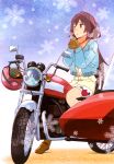  1girl absurdres boots brown_eyes brown_hair casual character_request copyright_request drink highres motor_vehicle motorcycle nyantype official_art scarf snow solo vehicle winter 