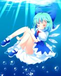  1girl blue_eyes blue_hair bow bubble cirno closed_eyes hair_bow hair_ribbon highres in_water mary_janes ribbon shoes short_hair smile solo submerged tagme touhou underwater wings zefa_(neoaltemice) 