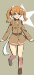  1girl animal_ears belt blue_eyes blush bottomless cat_ears cat_tail francie_gerard full_body glastonbury1966 leg_up long_sleeves military military_uniform open_mouth orange_hair shoes smile solo star strike_witches tail twintails uniform 