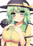  1girl blush breasts bust green_eyes green_hair hands_on_own_chest hat hat_ribbon komeiji_koishi kusano_(torisukerabasu) large_breasts ribbon smile solo third_eye touhou 