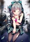  1girl black_legwear blush bow brown_eyes covering covering_crotch grey_hair hair_bow kamanatsu kantai_collection machinery navel one_eye_closed pantyhose ponytail smoke solo torn_clothes torn_pantyhose wristband yuubari_(kantai_collection) 