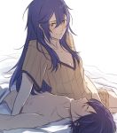  1boy 1girl blue_eyes blue_hair breasts cleavage clothed_female_nude_male couple fire_emblem fire_emblem:_kakusei hetero long_hair lucina mark_(fire_emblem) naked_sheet nightgown sitting sleeping small_breasts smile tusia v-neck yokozuwari 