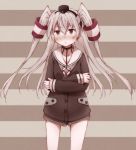  1girl amatsukaze_(kantai_collection) blush brown_eyes choker crossed_arms hair_tubes headgear itituki kantai_collection long_hair neckerchief no_legwear sailor_collar sailor_dress silver_hair solo striped striped_background two_side_up 