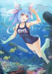  1girl :3 armpits bangs bare_legs bare_shoulders barefoot blue_hair blunt_bangs blush coral_reef covered_navel fang fish hair_ornament hair_ribbon hand_on_forehead heart heart-shaped_pupils highres i-19_(kantai_collection) jellyfish kantai_collection manta_ray open_mouth red_eyes ribbon school_swimsuit smile solo sonikey0_0 starfish swimsuit symbol-shaped_pupils torpedo triple-tails underwater 