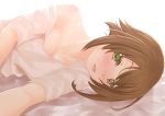  1girl absurdres blush brown_hair bust face green_eyes highres kantai_collection looking_at_viewer lying mutsu_(kantai_collection) off_shoulder on_side parted_lips puroheshi short_hair solo 
