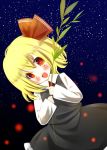  1girl :d blonde_hair blush fang hair_ornament hair_ribbon highres looking_at_viewer open_mouth red_eyes ribbon rumia short_hair sky smile solo star_(sky) starry_sky tagme touhou zefa_(neoaltemice) 