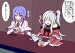  2girls alcohol ascot crying dress frills hair_bobbles hair_ornament handkerchief kenuu_(kenny) long_hair multiple_girls nagae_iku no_hat purple_hair red_eyes ribbon shawl shinki short_hair side_ponytail silver_hair sleeveless tears touhou touhou_(pc-98) translation_request 