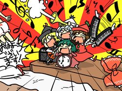  5girls alarm_clock amplifier animal_ears blonde_hair bloomers blue_hair bow brown_hair clock electric_guitar green_hair guitar hair_bow hakurei_reimu hat instrument kasodani_kyouko keyboard_(instrument) lunasa_prismriver lyrica_prismriver merlin_prismriver multiple_girls musical_instrument musical_note open_mouth short_hair touhou trumpet tsunamayo underwear 