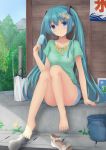  1girl aqua_hair aqua_nails arm_support bare_legs barefoot blue_eyes blush cutoff_jeans cutoffs hair_ornament hatsune_miku highres long_hair looking_at_viewer nail_polish popsicle sandal_play sandals sandals_removed shade shoes_removed short_shorts shorts sitting solo t-shirt tf_(seiga29299638) toenail_polish toes very_long_hair vocaloid 