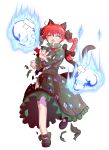  1girl alphes_(style) animal_ears braid cat_ears cat_tail crossed_bandaids dairi dress frilled_dress frilled_sleeves frills highres kaenbyou_rin long_sleeves multiple_tails parody redhead skull spirit style_parody tail tears torn_clothes touhou transparent_background twin_braids 