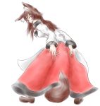  1girl animal_ears bare_shoulders blush breasts brooch brown_hair dress imaizumi_kagerou jewelry long_hair looking_at_viewer looking_back open_mouth red_eyes simple_background solo ta_gero tail touhou white_background wolf_ears wolf_tail 