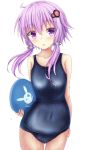  1girl arm_behind_back blush character_name covered_navel hair_ornament highres long_hair looking_at_viewer purple_hair school_swimsuit solo swimsuit tf_(seiga29299638) twintails violet_eyes vocaloid wet white_background yuzuki_yukari 