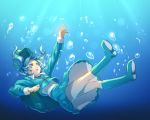  1girl backpack bag blue_eyes blue_hair boots kawashiro_nitori kikugetsu knee_boots reaching_out sinking skirt skirt_set solo touhou underwater 