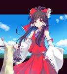  1girl ascot bare_shoulders black_hair blue_sky bow clouds culter detached_sleeves hair_bow hakurei_reimu long_sleeves motor_vehicle red_eyes ribbon-trimmed_sleeves ribbon_trim scooter shirt skirt sky smile solo touhou vehicle wide_sleeves 