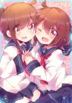  2girls :d ;d brown_eyes brown_hair folded_ponytail hair_ornament hairclip holding_hands ikazuchi_(kantai_collection) inazuma_(kantai_collection) kantai_collection looking_at_viewer mikomikko multiple_girls nanodesu_(phrase) one_eye_closed open_mouth pleated_skirt school_uniform serafuku short_hair skirt smile tagme translation_request 