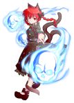  1girl alphes_(style) animal_ears braid cat_ears cat_tail dairi dress frilled_dress frilled_sleeves frills highres kaenbyou_rin long_sleeves multiple_tails parody red_eyes redhead skull spirit style_parody tail touhou transparent_background twin_braids 