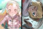  2girls blonde_hair blue_eyes bodysuit comic long_hair looking_at_viewer makacoon multiple_girls original outstretched_hand red_eyes short_hair wince 