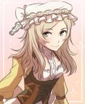  1girl alternate_hairstyle blonde_hair fire_emblem fire_emblem:_kakusei green_eyes hair_down liz_(fire_emblem) lowres mob_cap smile tusia 