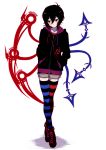  1girl ankle_boots black_hair blush boots casual colored_stripes contemporary crossed_legs earphones earphones full_body hands_in_pockets hoodie houjuu_nue kikugetsu mismatched_legwear red_eyes short_hair shorts solo standing striped striped_legwear thigh-highs touhou zettai_ryouiki 