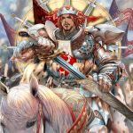  1boy armor belt crown flag gauntlets highres horse horseback_riding king_arthur male original redhead riding sheath solo sword weapon yasuda_akira 