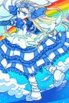  1girl animal bird blonde_hair blue_eyes blue_ribbon blue_sky boots clouds dove dress earrings flower frilled_dress frills hair_flower hair_ornament hairband highres jewelry long_hair long_sleeves nagare750 noah_(p&amp;d) puffy_long_sleeves puffy_sleeves puzzle_&amp;_dragons rainbow ribbon rose sky solo star_(sky) starry_sky white_boots white_rose 
